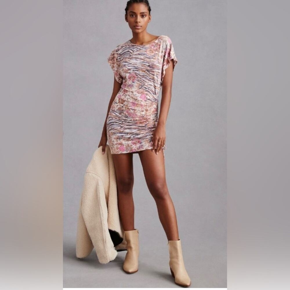 Daily Practice Anthropologie Ruched Dress Women S Pink Zebra Floral EUC 1344